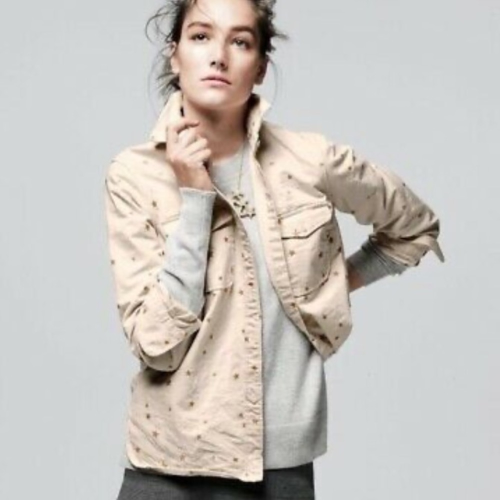 J CREW Cream Denim Button Down Shirt Gold Stars Jean Jacket Shacket XS